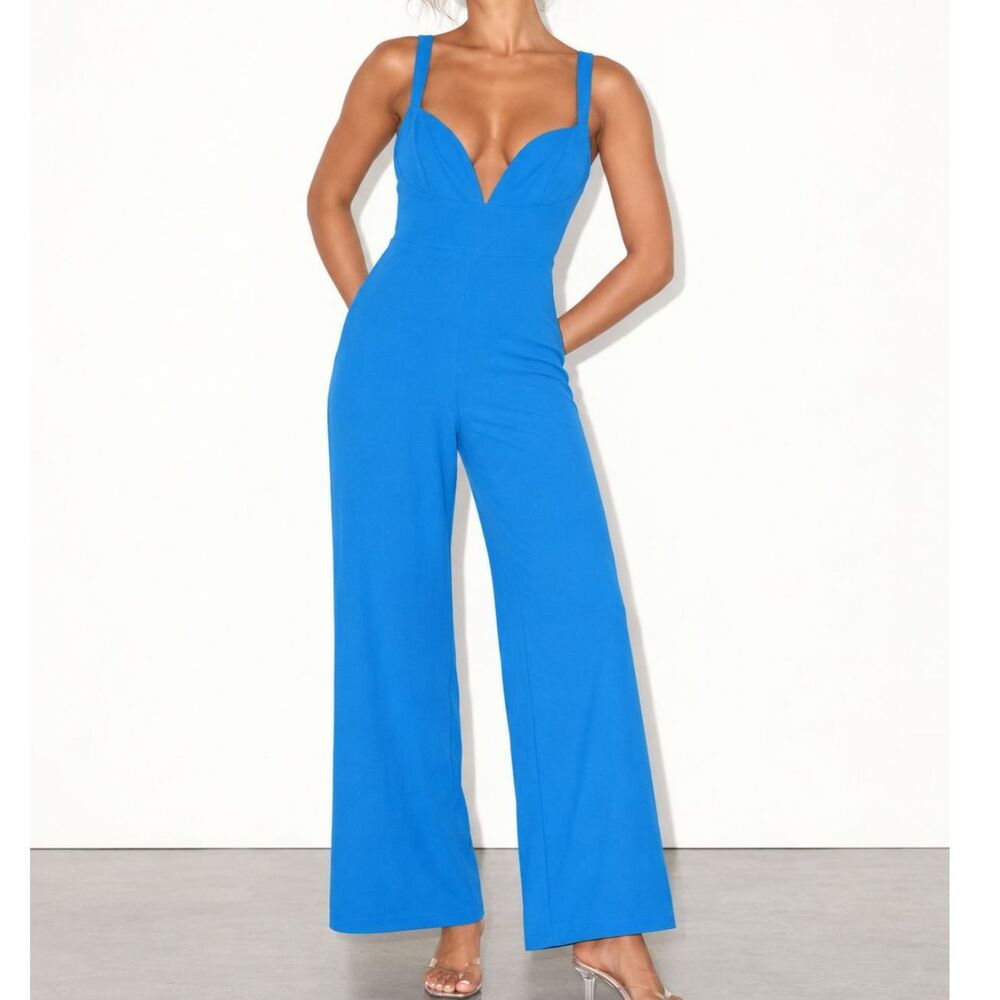 Lulus Brighton Bright Blue Plunge Wide-Leg Jumpsuit Formal Cocktail Small NWT